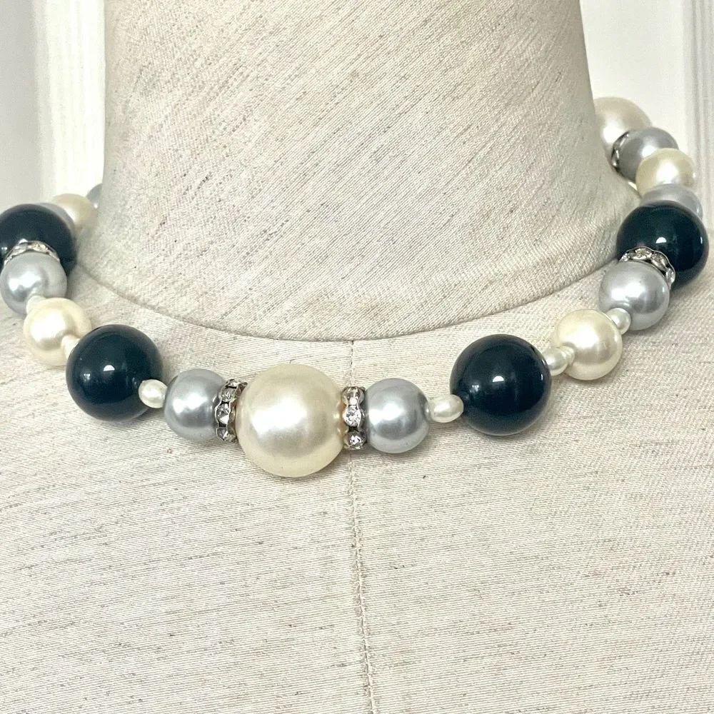 Faux pearl rhinestone and black bead necklace